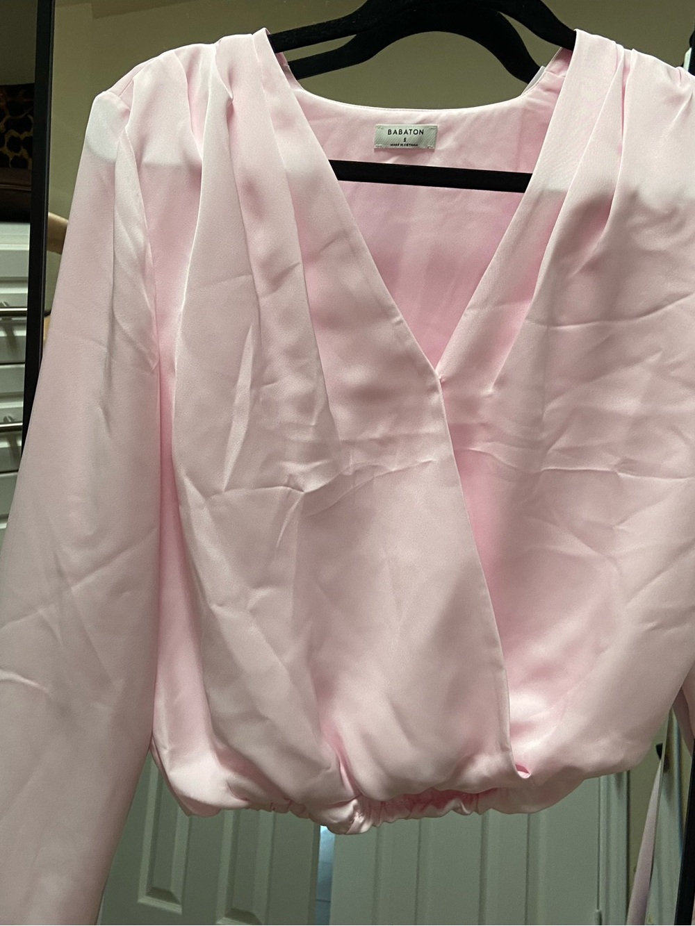 Babaton Light Pink Satin V-Neck Wrap Blouse